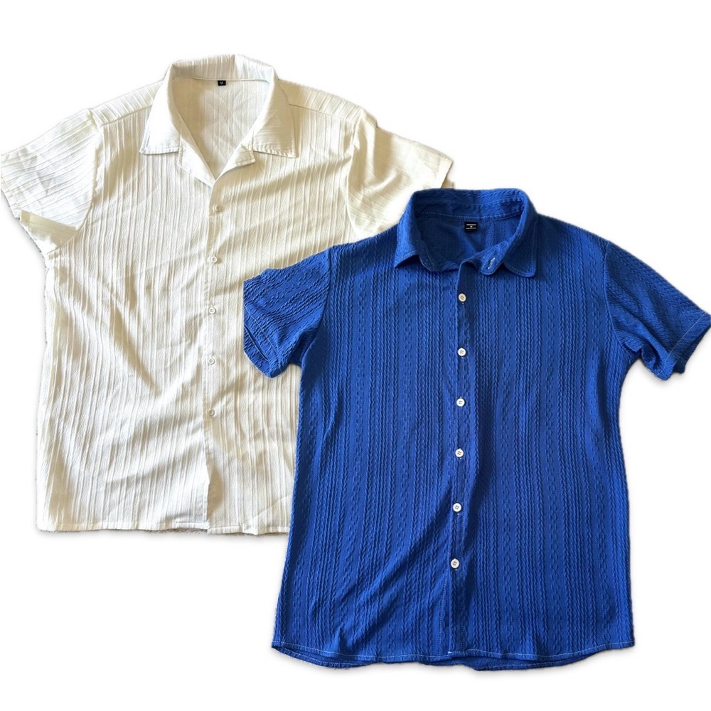 Bundle of 2 White and Cobalt Blue Short Sleeve Button-Up Shirts, Medium